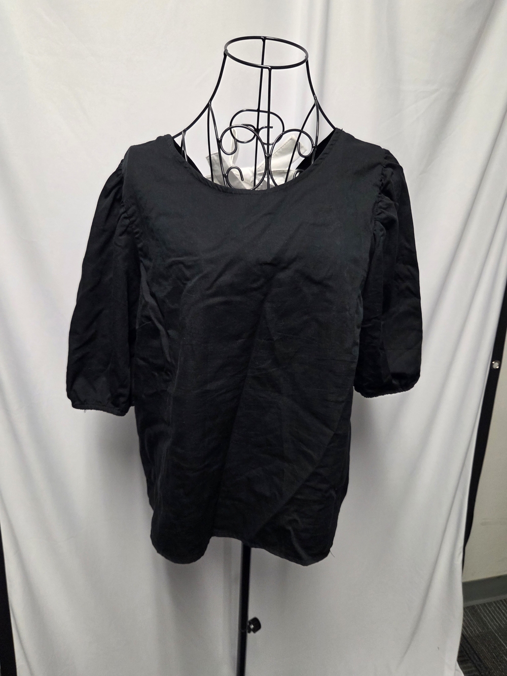 Black Puff Sleeve Women's Top - Classic Crewneck